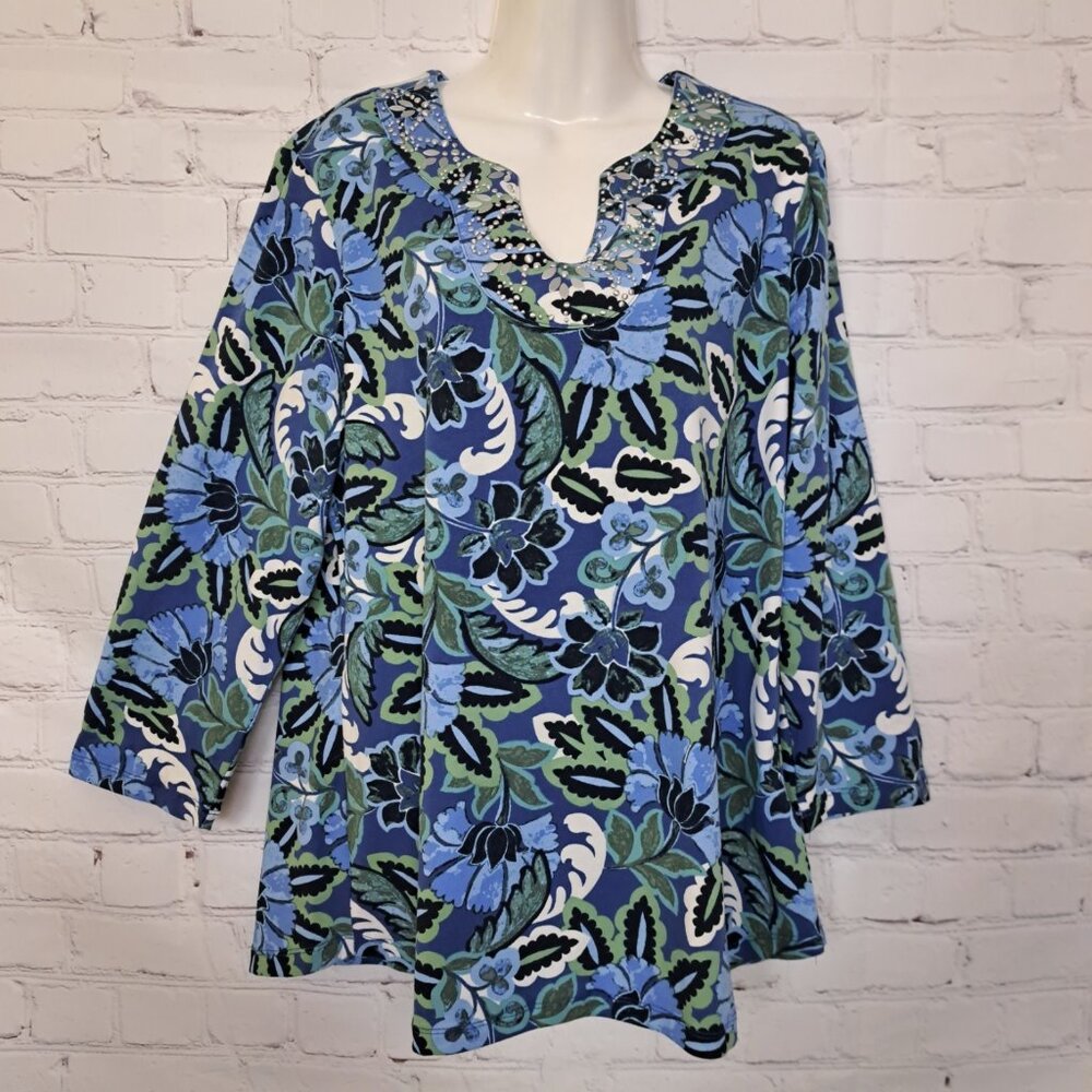 Ruby Rd. Floral Embellished Cotton Top Size Medium
